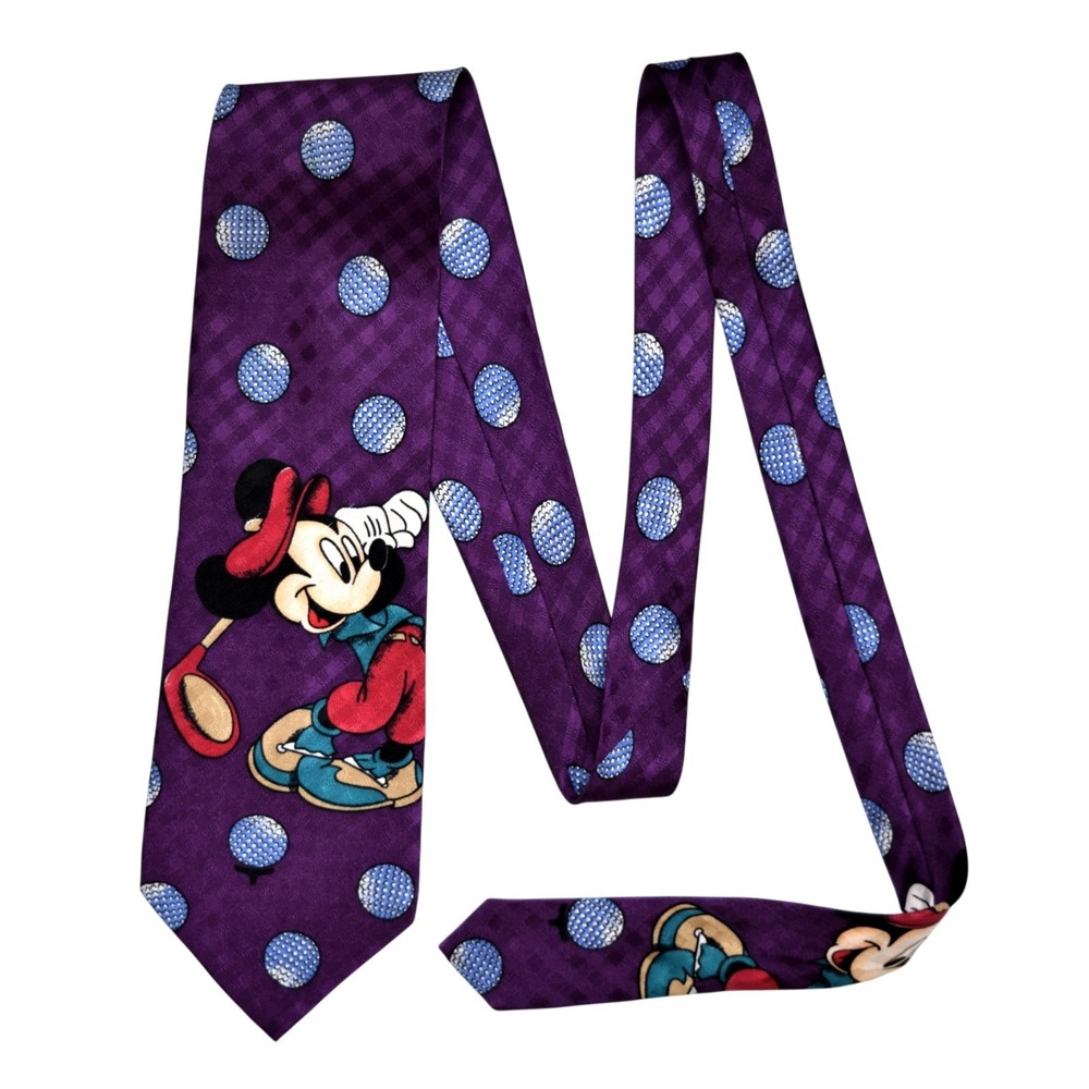 Vtg Mickey & Co Atlas Design Disney Golf Tie Purple Silk Made in Italy 90s